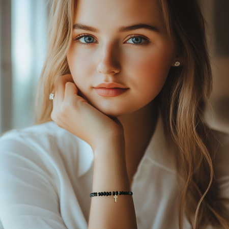 Descoperă frumusețea și eleganța discretă a acestei brățări cu cruciuliță și cristale negre, accesoriul perfect pentru femeile care iubesc combinația dintre stil modern și simboluri cu semnificație spirituală. [2]