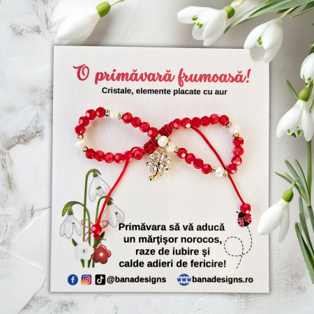 Bratara martisor cu trifoi cristale rosii si margele texturate placate cu aur de 18K [1]