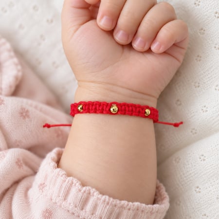Bratari pentru copii - Brățară macrame pentru bebeluși, cu șnur roșu și mărgeluțe placate cu aur