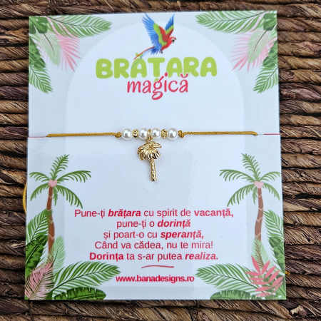 Bratara Magica - Brățară cu Palmier Placat cu Aur – Perluțe Shell Naturale, Șnur Auriu