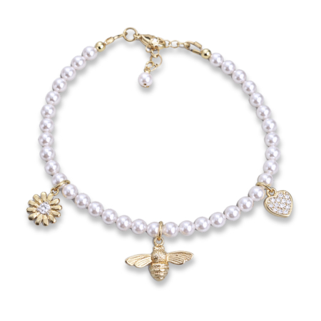 Bratari pentru EA - Brățară cu Perle Albe Shell Pearls și Charmuri Aurite 18K - albinuta, floare, inimioara, Cristale Cubic Zirconia