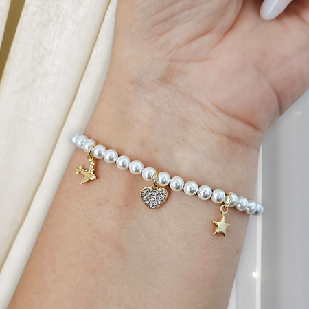 Bratari pentru EA - Brățară cu Perle Albe Shell Pearls și Charmuri Aurite 18K - Avion, Inimioară, Stelută, Cristale Cubic Zirconia