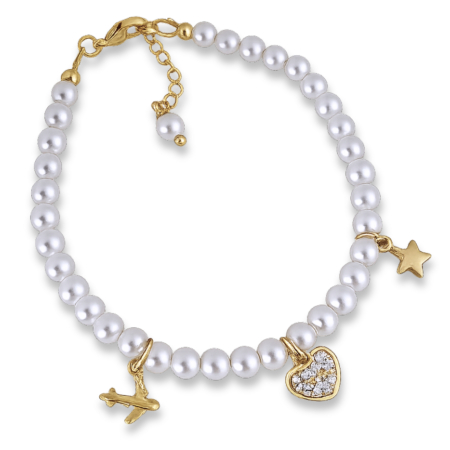 Brățară cu Perle Albe Shell Pearls și Charmuri Aurite 18K - Avion, Inimioară, Stelută, Cristale Cubic Zirconia [2]