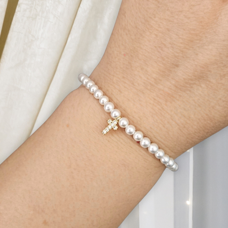 Bratari pentru EA - BBrățară cu Perle Albe Shell Pearls și Cruciulita placata cu aur 18K