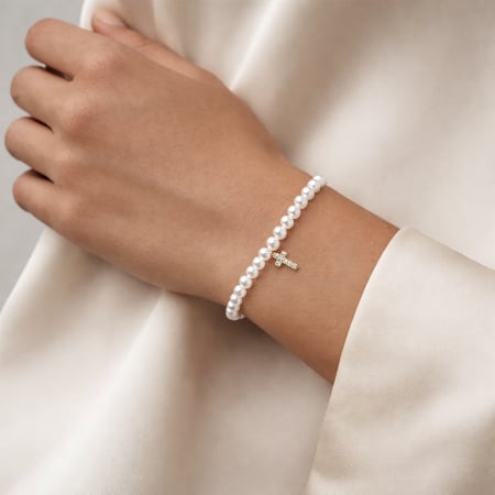 Bijuterii pentu EA - BBrățară cu Perle Albe Shell Pearls și Cruciulita placata cu aur 18K