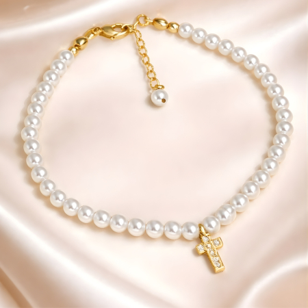 BBrățară cu Perle Albe Shell Pearls și Cruciulita placata cu aur 18K [1]
