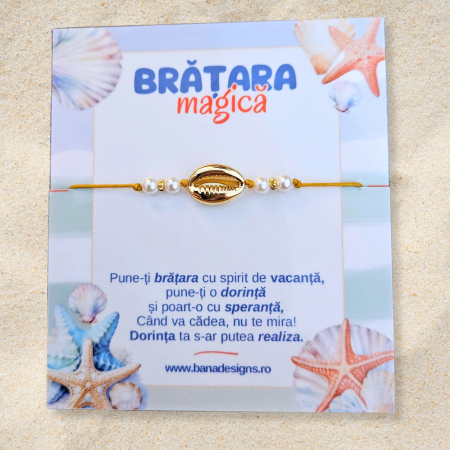 Bratara Magica - Brățară cu Tematică Marină – Scoică Placată cu Aur, Perluțe Shell și Șnur Auriu