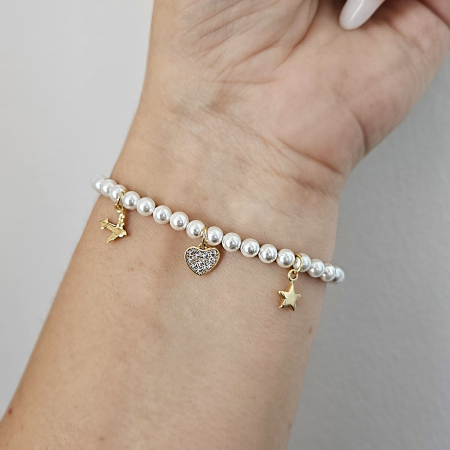 Brățară cu Perle Albe Shell Pearls și Charmuri Aurite 18K - Avion, Inimioară, Stelută, Cristale Cubic Zirconia [4]