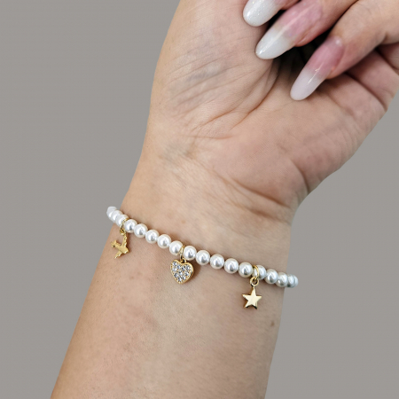 Brățară cu Perle Albe Shell Pearls și Charmuri Aurite 18K - Avion, Inimioară, Stelută, Cristale Cubic Zirconia [2]