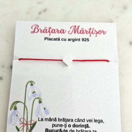 Bratara Magica - Bratara Martisor cu charm inimioara placata cu argint 925 cu snur rosu