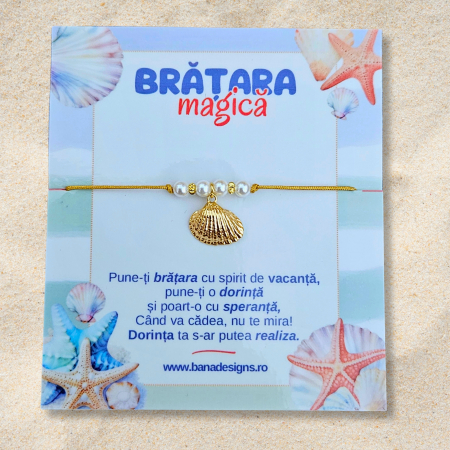 Bratara Magica - Brățară cu Tematică Marină – Scoică Placată cu Aur, Perluțe Shell și Șnur Auriu