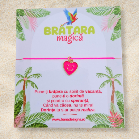 Bratara Magica - Brățară Magică cu Inimioară Emailată Roz – Șnur Mătăsos Ajustabil, Design Tropical