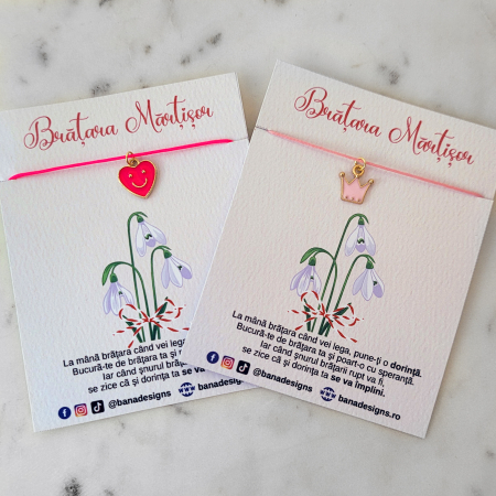Bratara Martisor colorat cu inimioara emailata emoticon si snur ajustabil roz neon [3]