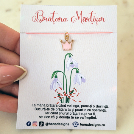 Bratari Martisor - Bratara Martisor colorat cu coronita emailata si snur ajustabil roz