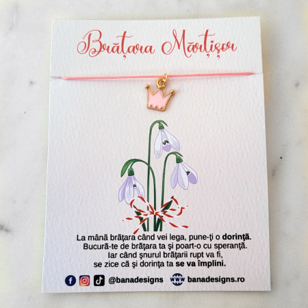 Bratara Martisor colorat cu coronita emailata si snur ajustabil roz [6]