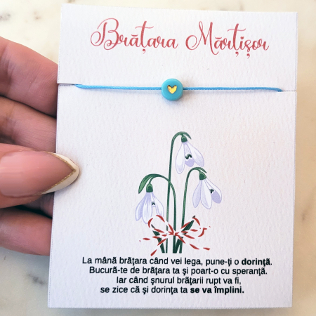 Bratari Martisor - Bratara Martisor colorat cu inimioara turcoaz cu auriu si snur ajustabil albastru