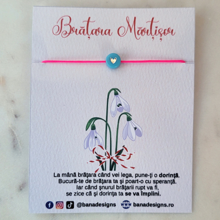 Bratara Martisor colorat cu inimioara turcoaz cu argintiu si snur ajustabil rozi neon [2]