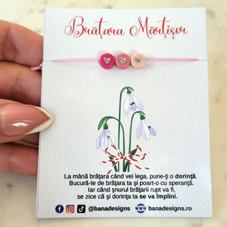 Bratari Martisor - Bratara Martisor colorat cu 3 inimioare argintii in nuante de roz