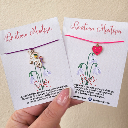 Bratara Martisor colorat cu unicorn emailat si snur ajustabil mov [2]