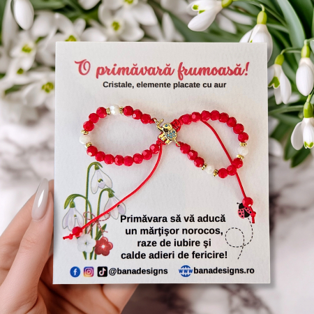 Bratari pentru EA - Bratara martisor cu elefantel, cristale rosii si margele texturate placate cu aur de 18K