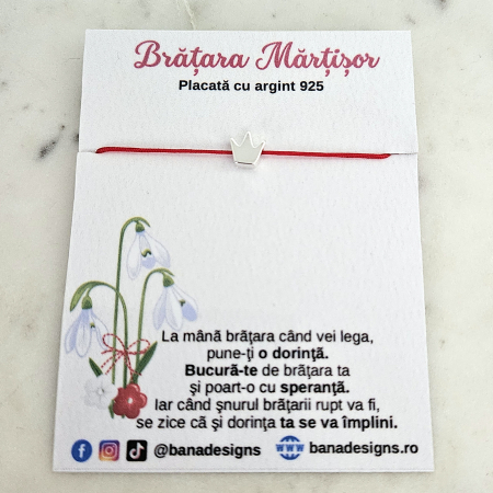 Bratara Martisor coronita placata cu argint 925, cu snur rosu [1]