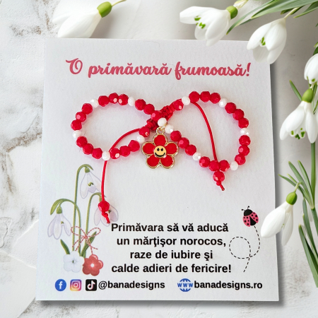 Martisoare - Bratara Martisor cu floricica rosie emailata, cristale rosii si albe