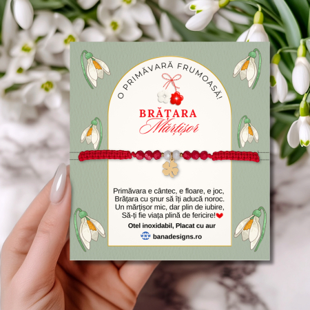 Bratara Martisor cu trifoi placat cu aur 18K, margele cristal alb rosu, snur macrame rosu [0]