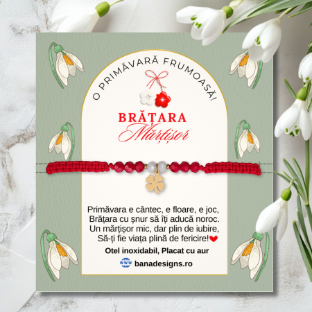 Bratara Martisor cu trifoi placat cu aur 18K, margele cristal alb rosu, snur macrame rosu [1]