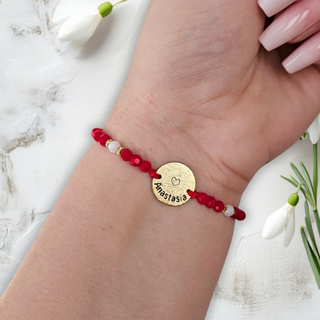 Bratari Martisor - Bratara Martisor cu banut personalizat si cristale rosii si albe, placata cu aur