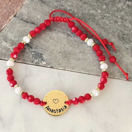 Bratara Martisor cu banut personalizat si cristale rosii si albe, placata cu aur [2]
