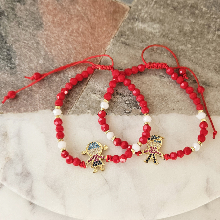 Bratari Martisor - Bratara Martisor cu fetita sau baietel si cristale rosii si albe, placata cu aur