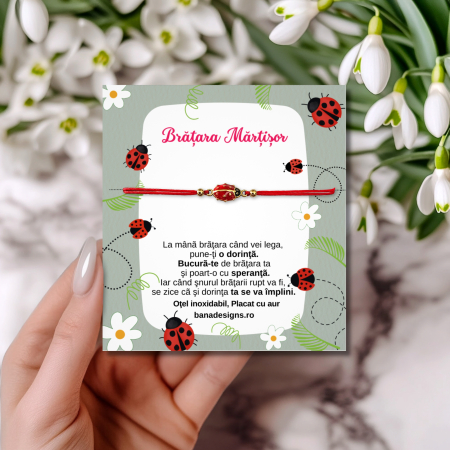 Brățară Mărțișor cu buburuză norocoasă roșie, șnur roșu ajustabil, mărgele inox IP placat cu aur, cadou de 1 Martie [1]