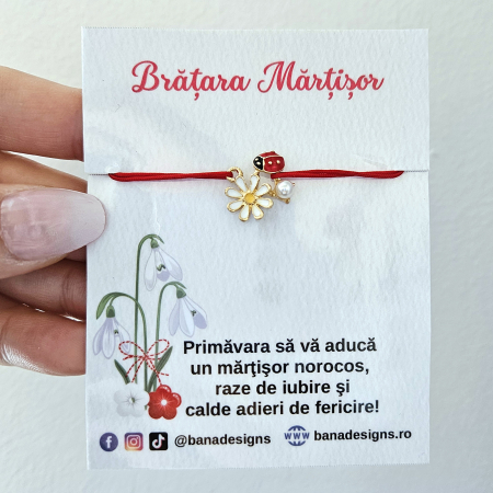 Bratara Martisor cu buburuza floare emailata si perluta, snur rosu ajustabil [1]