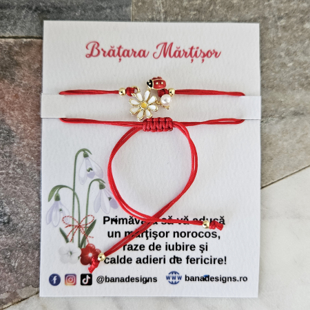 Bratari Martisor - Bratara Martisor cu buburuza floare emailata si perluta, snur rosu macrame