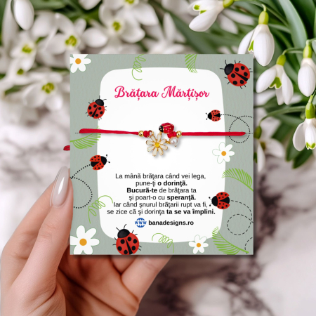 Pearl Collection - Bratara Martisor cu buburuza floare emailata si perluta, snur rosu macrame