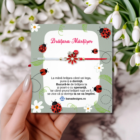 Martisoare - Bratara Martisor cu buburuza floare emailata si perluta, snur rosu macrame