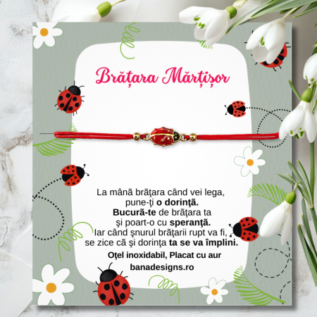 Bratari Martisor - Brățară Mărțișor cu buburuză norocoasă roșie, șnur roșu ajustabil, mărgele inox IP placat cu aur, cadou de 1 Martie
