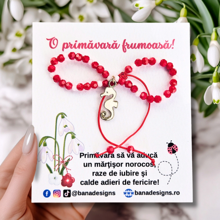 Bratara Martisor cu calut de mare emailat, cristale rosii si albe