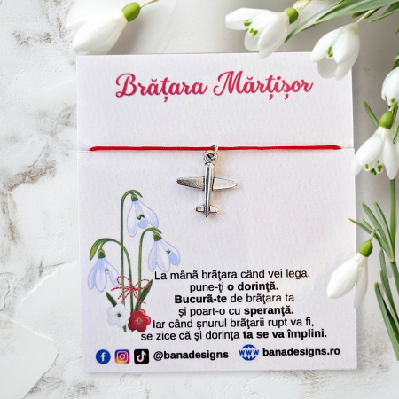 Bratari Martisor - Bratara Martisor cu charm avion si snur rosu ajustabil