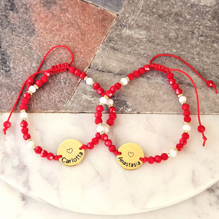 Bratara Martisor cu banut personalizat si cristale rosii si albe, placata cu aur [3]