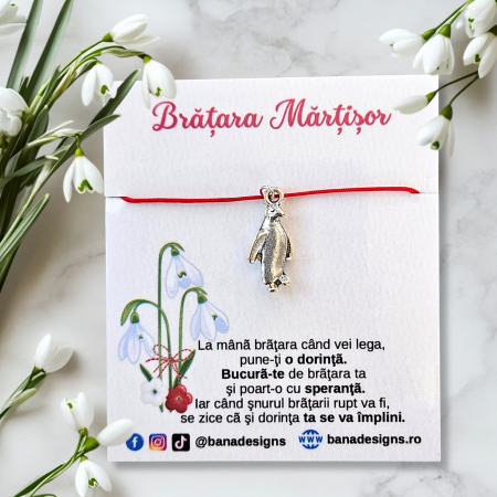 Bratari Martisor - Bratara Martisor cu pinguin si snur rosu ajustabil