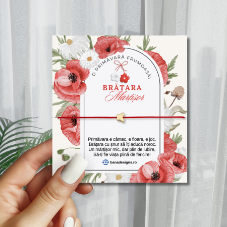 Bratara martisor cu charm fluturas placat cu aur aur de 18K,  snur rosu