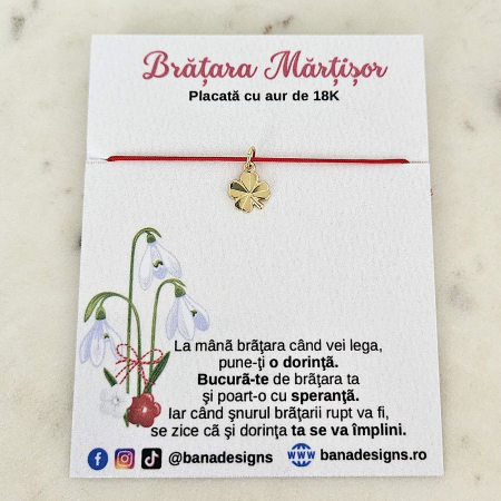 Bratara martisor cu trifoi placat cu aur aur de 18K si snur rosu [1]