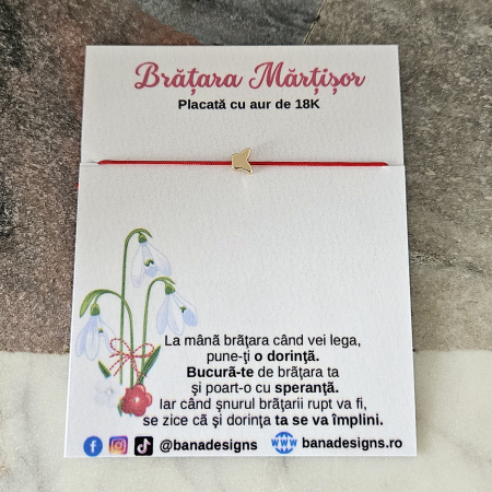 Bratara martisor cu charm fluturas placat cu aur aur de 18K,  snur rosu