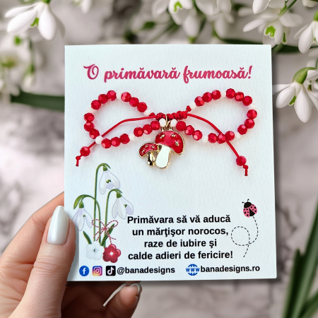 Bratara Martisor cu ciupercute emailate, cristale rosii si albe