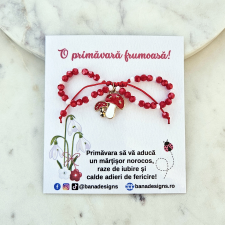 Bratara Martisor cu ciupercute emailate, cristale rosii si albe [2]