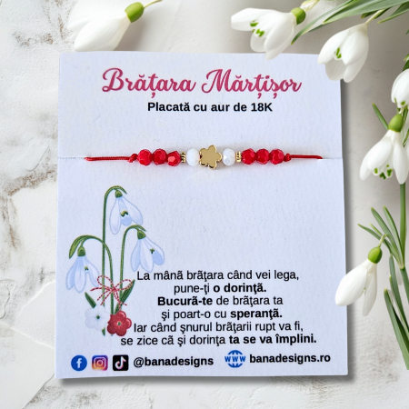 Bratara Martisor cu floricica si cristale rosii si albe, placata cu aur [2]