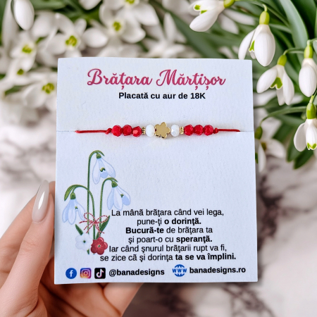 Bratari Martisor - Bratara Martisor cu floricica si cristale rosii si albe, placata cu aur