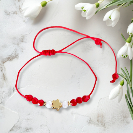 Bratara Martisor cu floricica si cristale rosii si albe, placata cu aur [1]