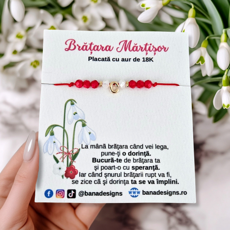 Bratari Martisor - Bratara Martisor cu initiala si cristale rosii si albe, placata cu aur